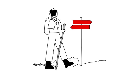 Ilustración de una persona haciendo senderismo y escogiendo direcciones