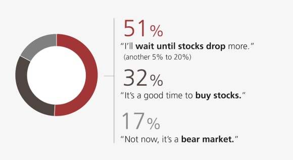 51% will wait until stocks drop another 5% to 20% more; 32% say it's a good time to buy stocks; 17% say not now, it's a bear market