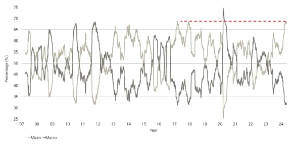 Figure 1: Chart showing proportion of 3-month stock returns in Stoxx Europe 600 index explained by macro vs. micro factors. Micro factors dominate since 2017.