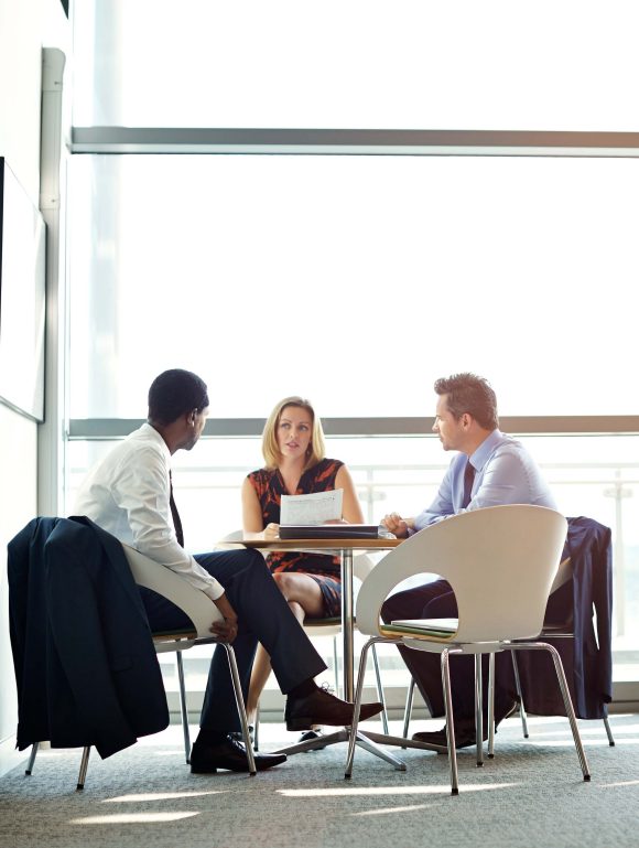 Two colleagues in meeting in office conference room.