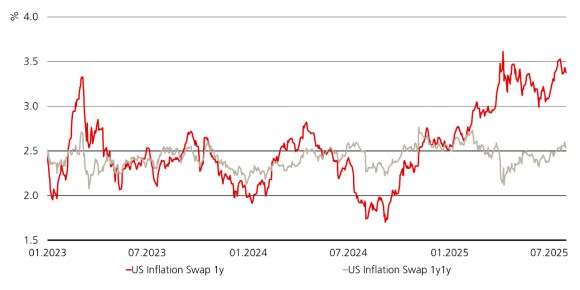 The chart depicts the change in the US 1-year inflation swap and the 1-year forward 1-year inflation swap from January 2023 to July 2025.