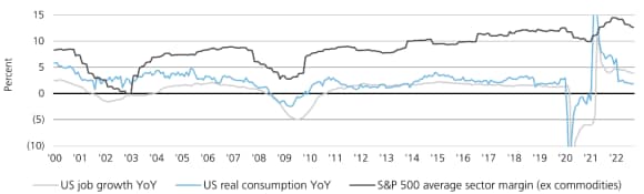 S&P 500 指數成份股利潤率通常會與就業、支出成長呈現正相關