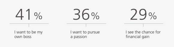41% say they want to be their own boss, 36% say they want to pursue a passion, and 29% see the chance for financial gain