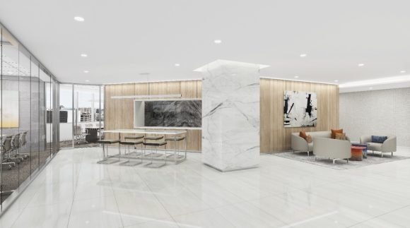 a break room with sofa and modern dining table