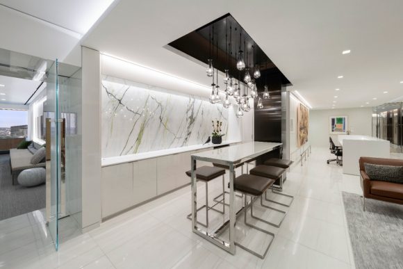 modern dining table with pendant lighting on it