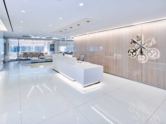 The UBS office reception with UBS logo on wall