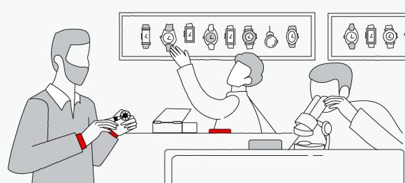three men at a watch shop