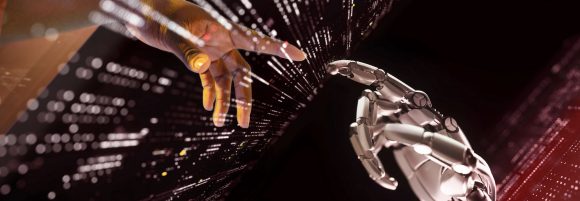 Human hand connecting with robot hand