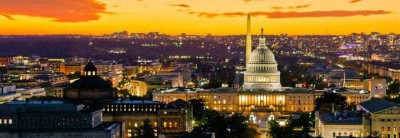 The Capitol and Washington Monument at dusk.