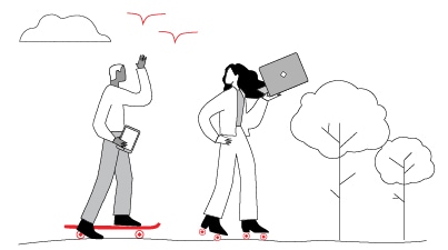 man and woman skateboarding and rollerskating