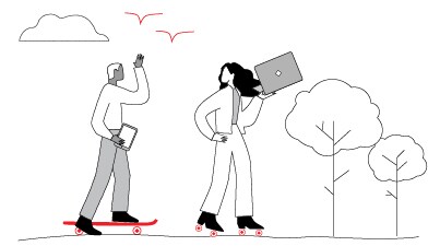 man and woman skateboarding and rollerskating