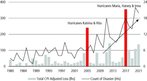  Bar chart showing the frequency and cost of billion-dollar weather events has gone up steadily since 1980, with 2005 and 2017 being the two most expensive years.
