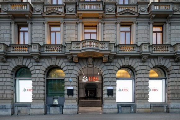  Exterior view of UBS building entrance with sturdy architecture