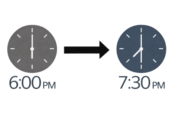 Clock displaying 06:00pm to 7:30pm