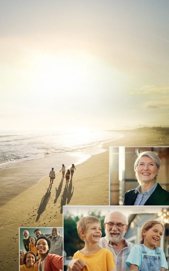 Photo montage of optimistic families and individuals in various stages of life