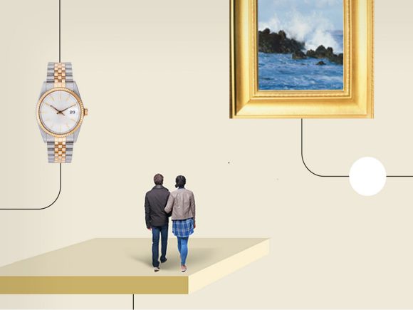 Illustration of couple with family heirlooms and keepsakes