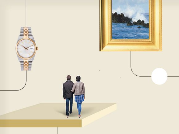 Illustration of couple with family heirlooms and keepsakes