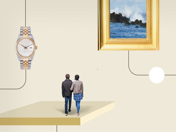 Graphic illustration depicting a couple in frame with family heirlooms