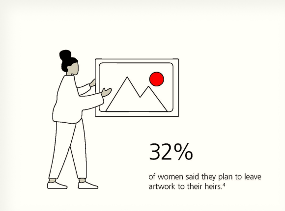 Graphic illustration of a woman showing artwork