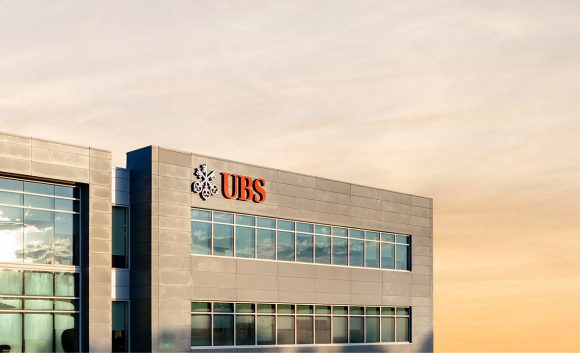 Detail of UBS building at sunrise