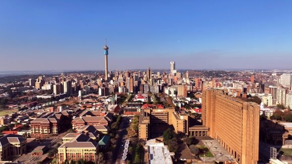 City skyline with tall tower