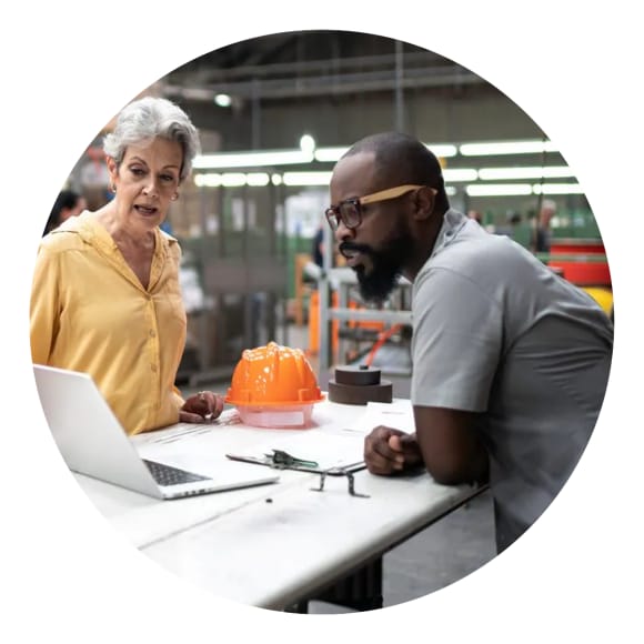 Business owners: Co-workers reviewing laptop